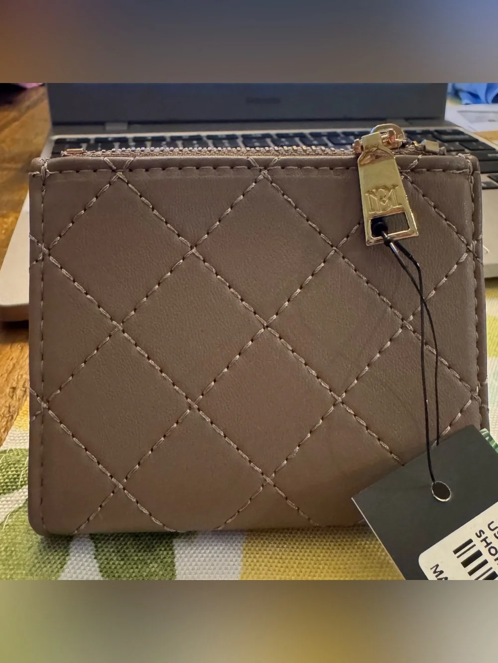 Badgley Mischka Brown Quilted Clutch with Gold Logo Hardware